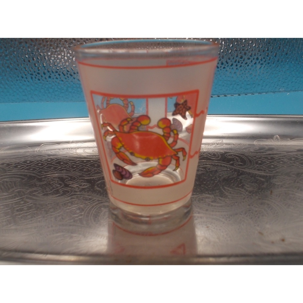 Vintage Frosted Shot Glass Orange Crab Starfish Coastal Nautical Barware